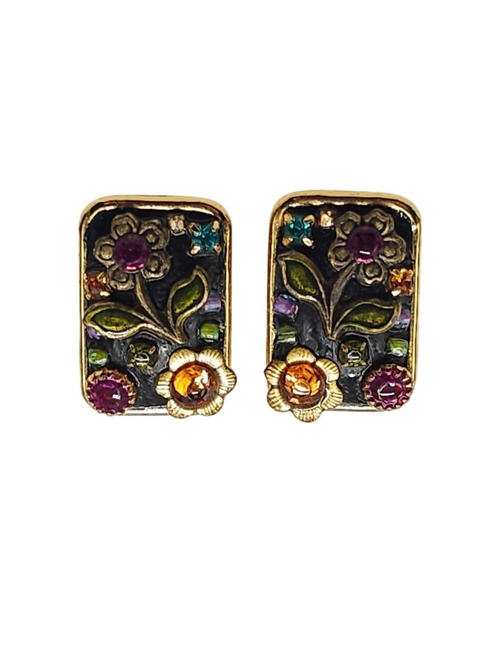 Michal Golan Midnight Garden Clip-On Earrings Gemstone Accents Frame Rectangular